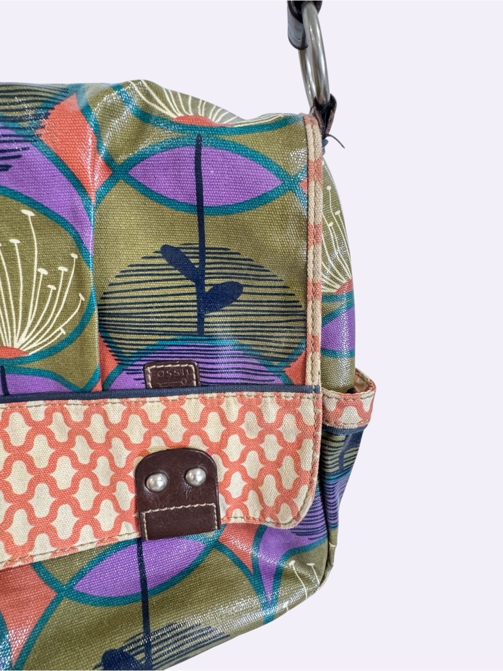 Fossil Floral Coated Canvas Messenger Bag Boho Retro Print Shoulder Purse - Picture 14 of 16